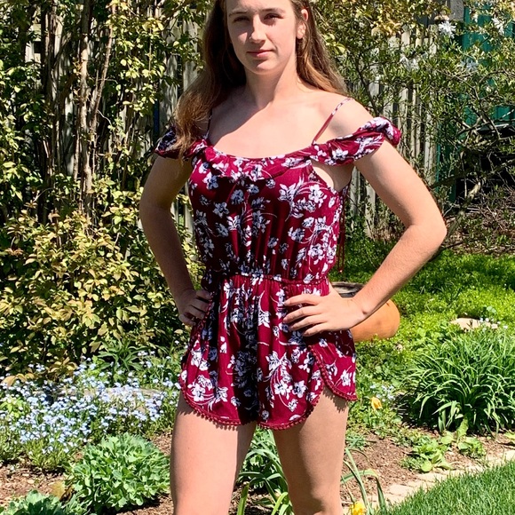 Burgundy Floral Off-The-Shoulder Romper - Picture 1 of 3